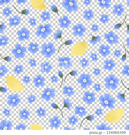 Floral seamless pattern with blue forget-me-nots, yellow flower petals. Hand-drawn digital illustration in flat naive style. For design Floral seamless pattern with blue forget-me-nots, yellow flower petals. Hand-drawn digital illustration in flat naive style. For design 134060399