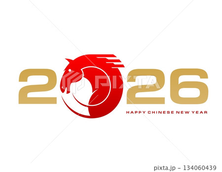 2026 chinese year of horse sticker or patch. Oriental 2026 lettering, Chinese holiday vector patch. Lunar calendar 2026 year typography label with golden typography and red horse mane graphic head 134060439