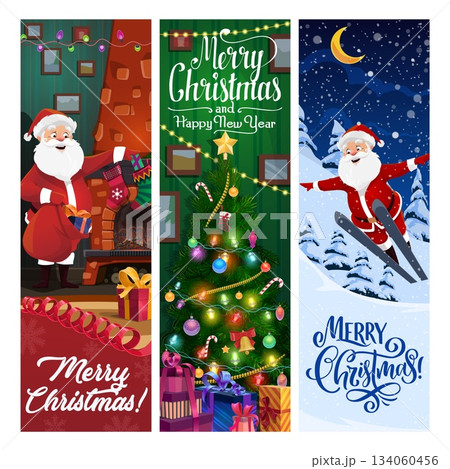 Christmas holiday banners with cheerful Santa Claus holding gift near fireplace, decorated tree with lights and presents, and skiing Santa in snowy winter forest with moon and snowflakes, vector cards Christmas holiday banners with cheerful Santa Claus holding gift near fireplace, decorated tree with lights and presents, and skiing Santa in snowy winter forest with moon and snowflakes, vector cards 134060456