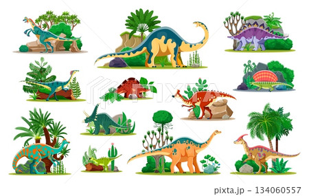 Prehistoric dinosaurs characters among landscape plants. Oviraptor, Gallimimus, Jaxartosaurus and Psittacosaurus, Chasmosaurus, Wuerhosaurus cartoon vector dinosaurs, prehistoric tree and fern plants Prehistoric dinosaurs characters among landscape plants. Oviraptor, Gallimimus, Jaxartosaurus and Psittacosaurus, Chasmosaurus, Wuerhosaurus cartoon vector dinosaurs, prehistoric tree and fern plants 134060557