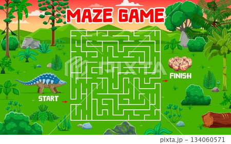 Labyrinth maze game worksheet, help dinosaur mon find her dino kids egg. Kids quiz game vector worksheet, search path puzzle or riddle. Labyrinth maze with panoplosaurus dinosaur mother and eggs 134060571