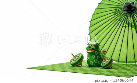 緑の和傘と折り鶴が並ぶシンプルな和風の正月ディスプレイ写真 134060574