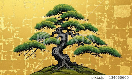 金色背景に描かれた松の木が印象的な和風年賀デザイン 金色背景に描かれた松の木が印象的な和風年賀デザイン 134060600