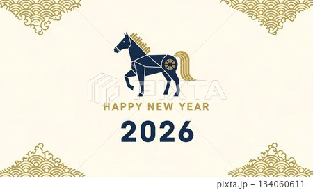 2026年の干支・馬のイラストが描かれた和風年賀デザイン 134060611