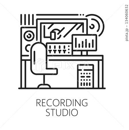Sound recording studio line icon or label. Audio mixing equipment icon, sound design mastering vector sign. Voice dubbing recording studio pictogram with audio engineer professional mixing station Sound recording studio line icon or label. Audio mixing equipment icon, sound design mastering vector sign. Voice dubbing recording studio pictogram with audio engineer professional mixing station 134060632
