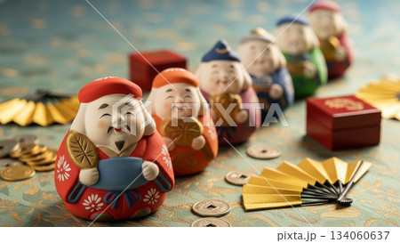 七福神の置物と和雑貨が並ぶ縁起物の正月飾り写真 134060637