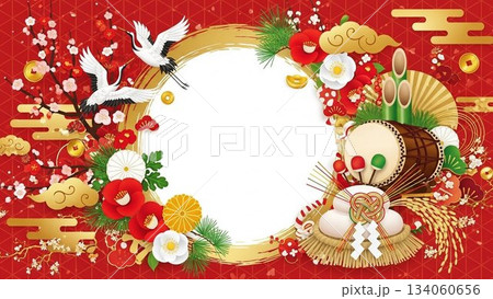 鏡餅と門松、鶴が飾られた赤い和風フレームデザインの正月素材 134060656