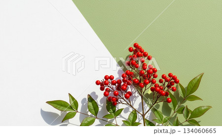 南天の実と葉が置かれたミニマルな和風の冬イメージ写真 南天の実と葉が置かれたミニマルな和風の冬イメージ写真 134060665