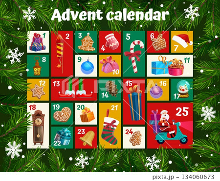 Christmas holiday advent calendar with gifts, clock, Santa on scooter, elf slippers, candy cane, tree ornaments, cookies, Santa hat, popper. Vector pine branches and snowflakes create festive borders 134060673