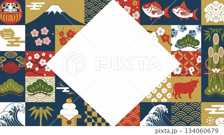 和柄のパターンで囲まれた空白スペース付きの年賀状用フレームデザイン 和柄のパターンで囲まれた空白スペース付きの年賀状用フレームデザイン 134060679