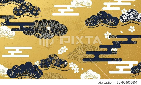 金色と黒の雲模様が広がる豪華で上品な和風背景デザイン 金色と黒の雲模様が広がる豪華で上品な和風背景デザイン 134060684