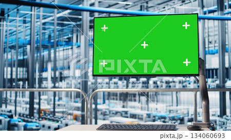 Industrial plant isolated screen display visualizing robotic arms performance and metrics from IoT sensors. Chroma key monitor displaying analytics for Industry 4.0 smart factory equipment, close up Industrial plant isolated screen display visualizing robotic arms performance and metrics from IoT sensors. Chroma key monitor displaying analytics for Industry 4.0 smart factory equipment, close up 134060693