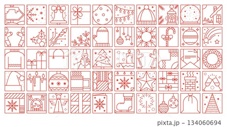 Christmas holiday line decoration isolated elements of winter Xmas, vector icons. Christmas thin line art bauble with wreath and Santa gifts with snowman, snowflake and fireplace with socks in outline 134060694