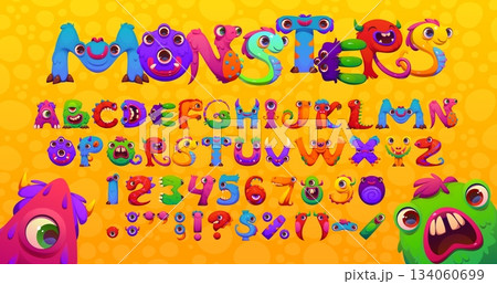 Bugaboo font of monsters and bogle typeface letters and scarecrow alphabet, vector type. Cartoon kids font of funny spooky characters in and bugaboo creatures, slimes and ogres with claws and fangs Bugaboo font of monsters and bogle typeface letters and scarecrow alphabet, vector type. Cartoon kids font of funny spooky characters in and bugaboo creatures, slimes and ogres with claws and fangs 134060699