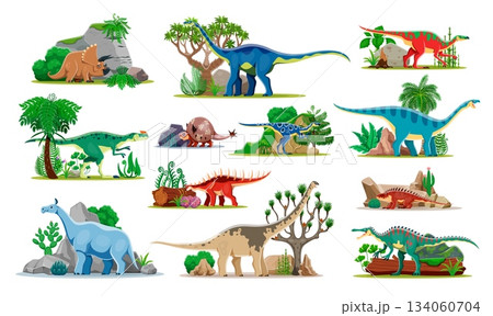 Prehistoric dinosaurs funny cartoon characters. Prehistoric animals cute vector personages. Triceratops, Quaesitosaurus, Anatotitan, Kileskus and Doedicurus dinosaurs characters with plants and rocks 134060704