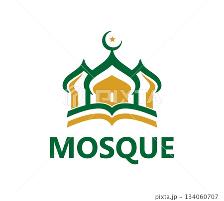 Islamic Muslim mosque graphic icon or label. Arab mosque school symbol, Muslim culture library abstract vector emblem. Islamic religion center sign or icon with minaret tops, crescent and typography 134060707