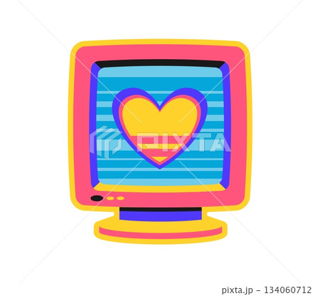 Retro computer CRT monitor Y2K groovy sticker or vintage tag. Electronics technology funky vector tag, 1990s digital gadget patch. PC hardware sticker with love heart on vintage monitor or screen 134060712