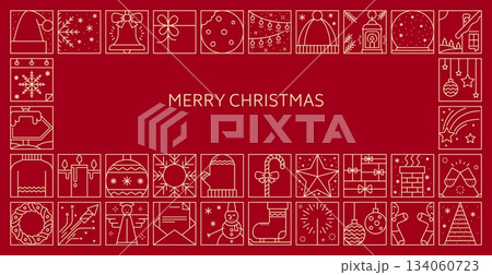 Christmas line ornament greeting card or invitation poster for winter holiday, vector banner. Merry Christmas greeting card with line art decorations, Santa gift and Xmas tree baubles or New Year snow Christmas line ornament greeting card or invitation poster for winter holiday, vector banner. Merry Christmas greeting card with line art decorations, Santa gift and Xmas tree baubles or New Year snow 134060723