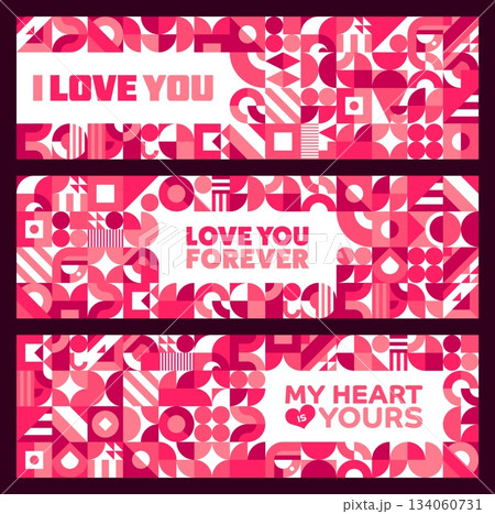 Valentine day banners with geometric shapes pattern for love holiday, vector greeting cards. Valentine day, wedding or marriage banners with love quote phrases on abstract pink red geometric shapes 134060731