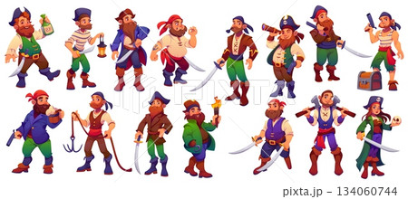 Cartoon pirate captains and corsair sailors characters set with vintage costumes, hats, hook, guns and swords. Vector funny men and woman pirates characters, treasure chest, rum bottle, skull and axe Cartoon pirate captains and corsair sailors characters set with vintage costumes, hats, hook, guns and swords. Vector funny men and woman pirates characters, treasure chest, rum bottle, skull and axe 134060744