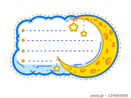 Kids memo note frame with moon and stars in galaxy space sky, vector paper sheet sticker. Kids memo note or message post label with crescent moon and space stars in sky cloud frame for notice pad 134060800