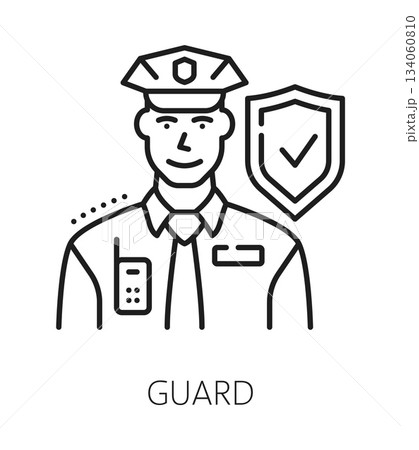 Guarding service home security line icon or symbol. Building protection outline vector pictogram, house security company sign. Property safety icon or home alarm line symbol with policeman character Guarding service home security line icon or symbol. Building protection outline vector pictogram, house security company sign. Property safety icon or home alarm line symbol with policeman character 134060810