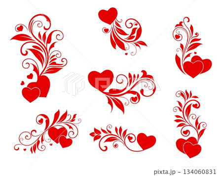 Heart flourish decorations of Valentine day or wedding floral ornaments, vector set. Red heart decoration with flourish leaves, petals and tendrils for Valentine holiday or wedding ornate frame design Heart flourish decorations of Valentine day or wedding floral ornaments, vector set. Red heart decoration with flourish leaves, petals and tendrils for Valentine holiday or wedding ornate frame design 134060831