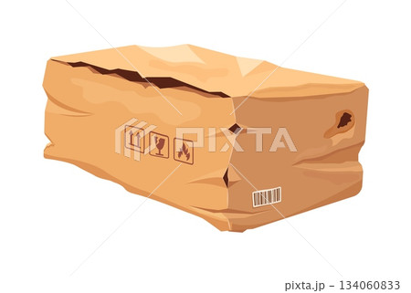 Crumpled damaged cargo delivery box with wrinkled sides, ripped surface patches and creased flaps. Broken ripped parcel cardboard package with crushed edges, punctures. Cartoon vector damaged box Crumpled damaged cargo delivery box with wrinkled sides, ripped surface patches and creased flaps. Broken ripped parcel cardboard package with crushed edges, punctures. Cartoon vector damaged box 134060833