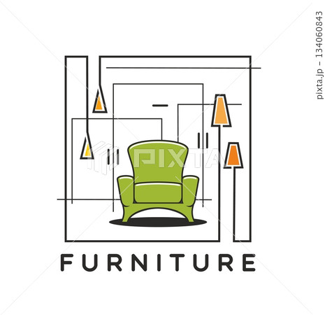 Home interior decor and furniture vector icon. Living room green cushioned armchair and hang pendant lamps with orange shades. Furniture store, decor shop, room interior symbol 134060843