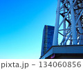 朝日に照らされるスカイツリーがビルに映る 134060856
