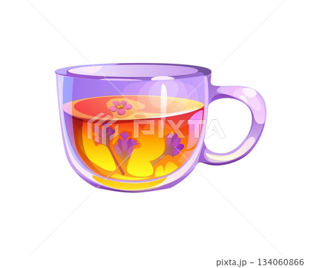 Transparent glass vector cup with golden herbal tea infused with lavender sprigs. Purple blossoms float gently on the surface with warm orange liquid. Aromatherapy product, tea branding usage Transparent glass vector cup with golden herbal tea infused with lavender sprigs. Purple blossoms float gently on the surface with warm orange liquid. Aromatherapy product, tea branding usage 134060866