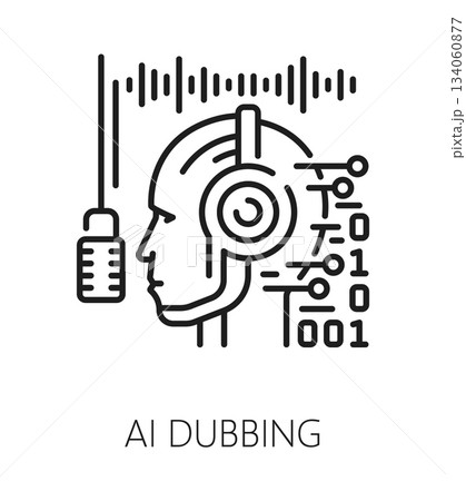 Ai dubbing sound record line icon or symbol. Voice acting artificial intelligence dubbing line icon, movie sound studio vector sign. Audio recording symbol with robot head, binary code and microphone 134060877