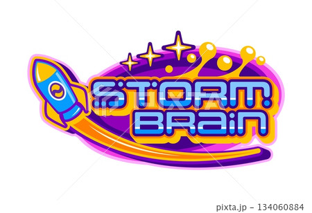 Y2k streetwear brain storm retro label or icon. Apparel graphic Y2K 2000s icon, clothing text vector patch. Brand futuristic sticker with futuristic blue typography and flying rocket spaceship Y2k streetwear brain storm retro label or icon. Apparel graphic Y2K 2000s icon, clothing text vector patch. Brand futuristic sticker with futuristic blue typography and flying rocket spaceship 134060884