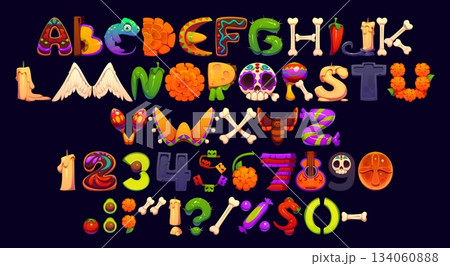 Dead Day font, cartoon Dia de los Muertos typeface, mexican religious type, holiday alphabet. Vector Day of the Dead font letters and numbers set of sugar skull, marigold flowers, guitar and sombrero 134060888