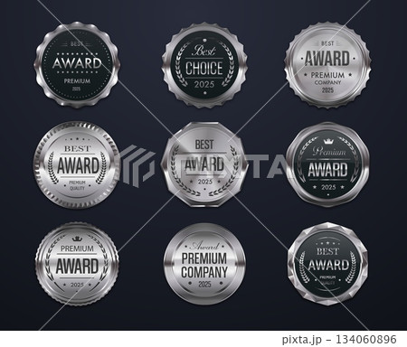 Best award silver seal vector labels and stamps with laurel wreath, text premium award and best choice, stars, crowns and luxury frames. Certificate, premium product, business award labels 134060896