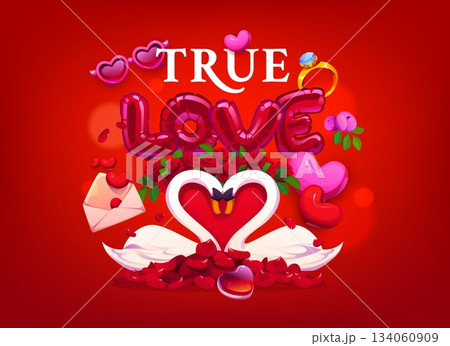 Valentine day greeting card quote True Love with heart of swans in love, vector background. Valentine day or love holiday greeting card with love message envelope, heart balloons and flowers petals Valentine day greeting card quote True Love with heart of swans in love, vector background. Valentine day or love holiday greeting card with love message envelope, heart balloons and flowers petals 134060909