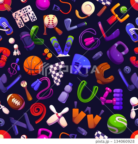 Cartoon sport font, athletic typeface letters in vector seamless pattern. Sport equipment letters of basketball, boxing gloves, helmet, tennis ball or racket, ski and football, baseball bats and golf Cartoon sport font, athletic typeface letters in vector seamless pattern. Sport equipment letters of basketball, boxing gloves, helmet, tennis ball or racket, ski and football, baseball bats and golf 134060928
