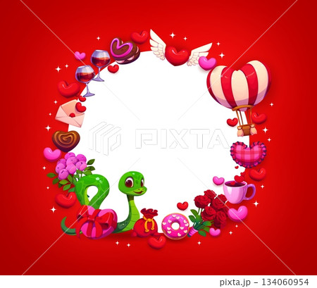 Happy Valentine day round frame banner with snake, hearts and flowers, cartoon vector. Valentine day holiday frame of heart balloons and cakes with coffee, rose flowers and snake with wine and donut 134060954