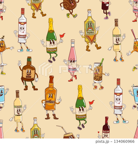 Groovy alcohol drink and hippie beverage characters vector seamless pattern. Vodka, whiskey, rose and sparkling wine, funny rum, mexican tequila. Cartoon beverage bottles background Groovy alcohol drink and hippie beverage characters vector seamless pattern. Vodka, whiskey, rose and sparkling wine, funny rum, mexican tequila. Cartoon beverage bottles background 134060966