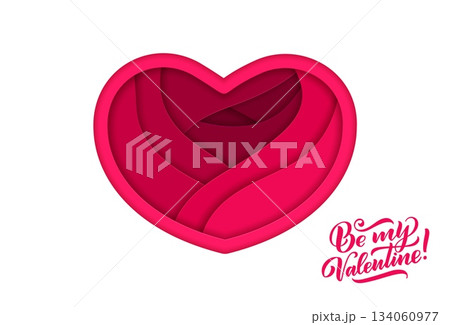 Paper cut Valentine day heart with quote for love holiday, vector greeting card. Valentine day banner with paper cut heart frame with Be My Valentine quote for love greeting, wedding or marriage Paper cut Valentine day heart with quote for love holiday, vector greeting card. Valentine day banner with paper cut heart frame with Be My Valentine quote for love greeting, wedding or marriage 134060977