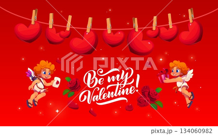 Be My Valentine greeting card with cartoon cherubs for love holiday, vector greeting card. Valentine day love quote, cute cupid angels with love message envelope, flowers and hearts on clothespins Be My Valentine greeting card with cartoon cherubs for love holiday, vector greeting card. Valentine day love quote, cute cupid angels with love message envelope, flowers and hearts on clothespins 134060982