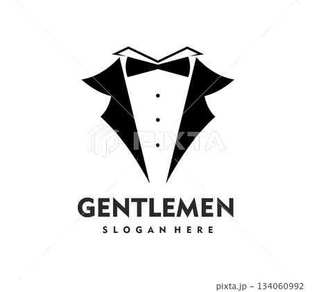 Tuxedo icon, gentleman suit atelier emblem. Man tuxedo luxury atelier vector badge, groom suit shop symbol. Dandy garment fashion icon, gentleman club or apparel brand emblem 134060992