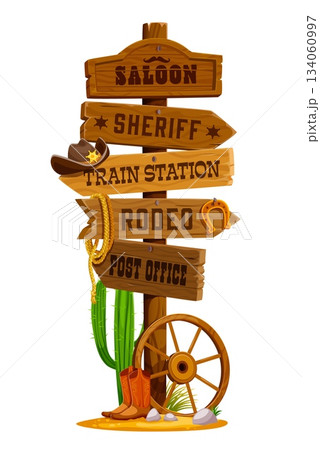 Western sign board, Wild West wooden signage signboard. Texas ranch wooden vector signpost, Wild West signboard. Western road banners with saloon, sheriff, train station and post office pointers Western sign board, Wild West wooden signage signboard. Texas ranch wooden vector signpost, Wild West signboard. Western road banners with saloon, sheriff, train station and post office pointers 134060997