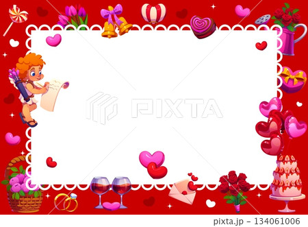 Valentine day greeting card frame with hearts, cupids and balloons for love holiday, vector poster. Valentine day greeting card with frame of cupid angel, heart candy and wedding cake with flowers Valentine day greeting card frame with hearts, cupids and balloons for love holiday, vector poster. Valentine day greeting card with frame of cupid angel, heart candy and wedding cake with flowers 134061006