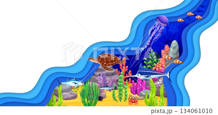Paper cut underwater landscape with sea animals and fishes of coral reef, vector poster. Paper cut underwater landscape with cartoon funny crab character, turtle and jellyfish with tuna in seaweeds 134061010