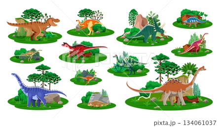 Prehistoric dinosaur cartoon characters. Vector set of animal Jurassic nature landscapes. Ancient reptile species on green forest backgrounds. Funny wild creatures spikes, horns, long necks and tails 134061037