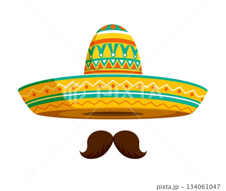Cartoon mexican mariachi sombrero hats with mustaches. Amigo men vector sombrero, mariachi musician outfit. Cinco de Mayo holiday wide hat with yellow, turquoise and white geometric ethnic ornaments 134061047