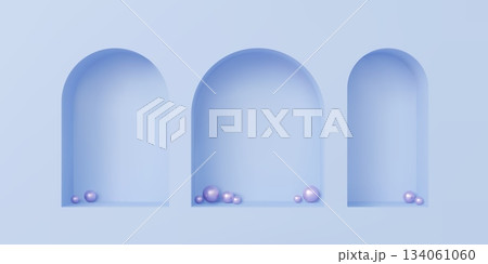 Blue wall with 3D niches in arch shape with shadows for gallery display, realistic vector. Arc niche inside of blue wall with pearl balls in frame box for exhibition showcase or boutique shop display 134061060