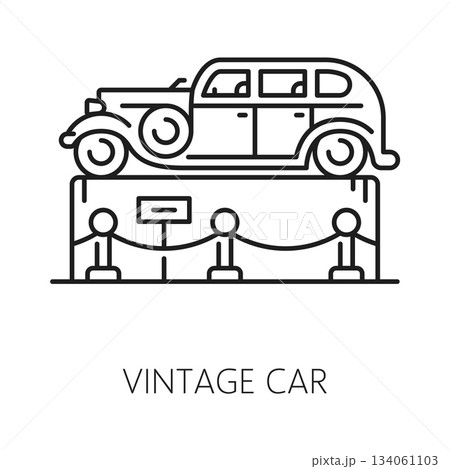 Vintage car museum exhibition line icon or pictogram. Transport history museum exhibition outline icon, vintage automobiles collection gallery line symbol with retro auto or vehicle on podium Vintage car museum exhibition line icon or pictogram. Transport history museum exhibition outline icon, vintage automobiles collection gallery line symbol with retro auto or vehicle on podium 134061103