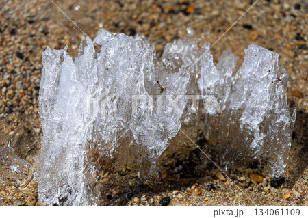 Ice formation on sandy beach creating unique natural sculpture Ice formation on sandy beach creating unique natural sculpture 134061109